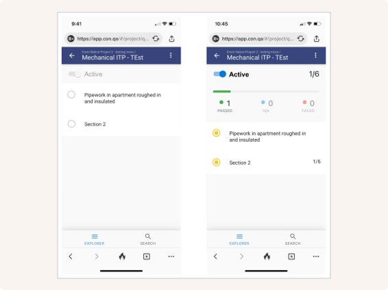 CONQA mobile app interface showing checklist and progress tracking