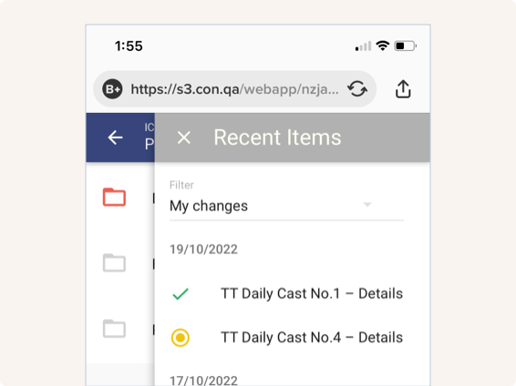 CONQA mobile app Recent Items panel showing filtered changes list