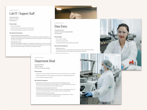 User personas - Lab IT Support Staff, Data Entry, and Department Head