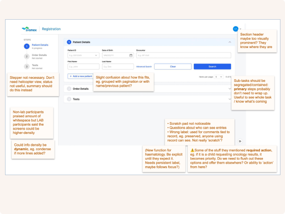 Annotated UI design with UX research feedback